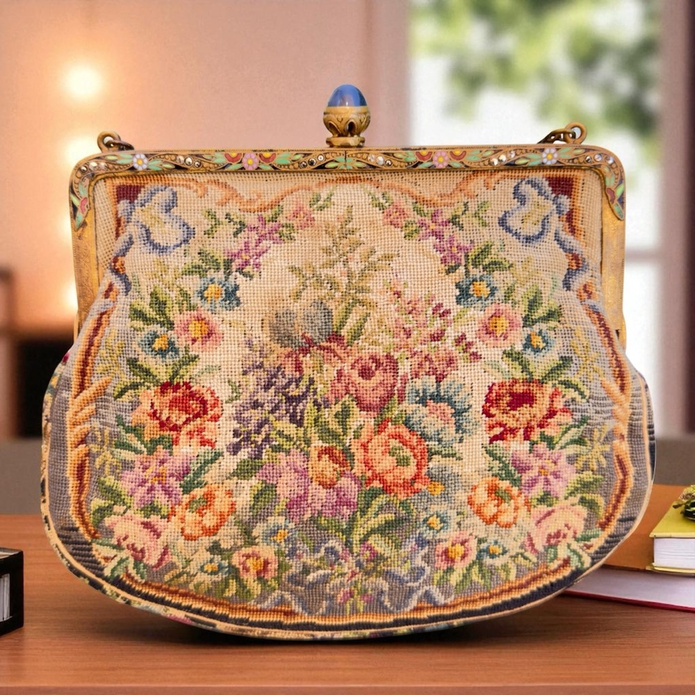 Vintage Hallmarked Austria Jeweled Enamel Frame & Floral Needlepoint Handbag